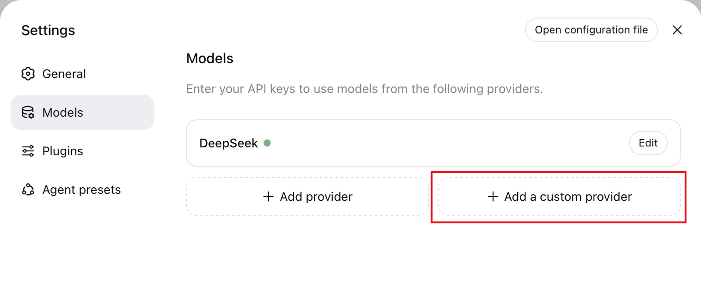 Add a custom provider in DeepSeek Harness settings