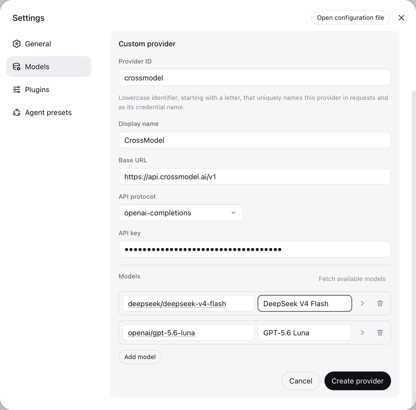 The CrossModel custom provider filled in